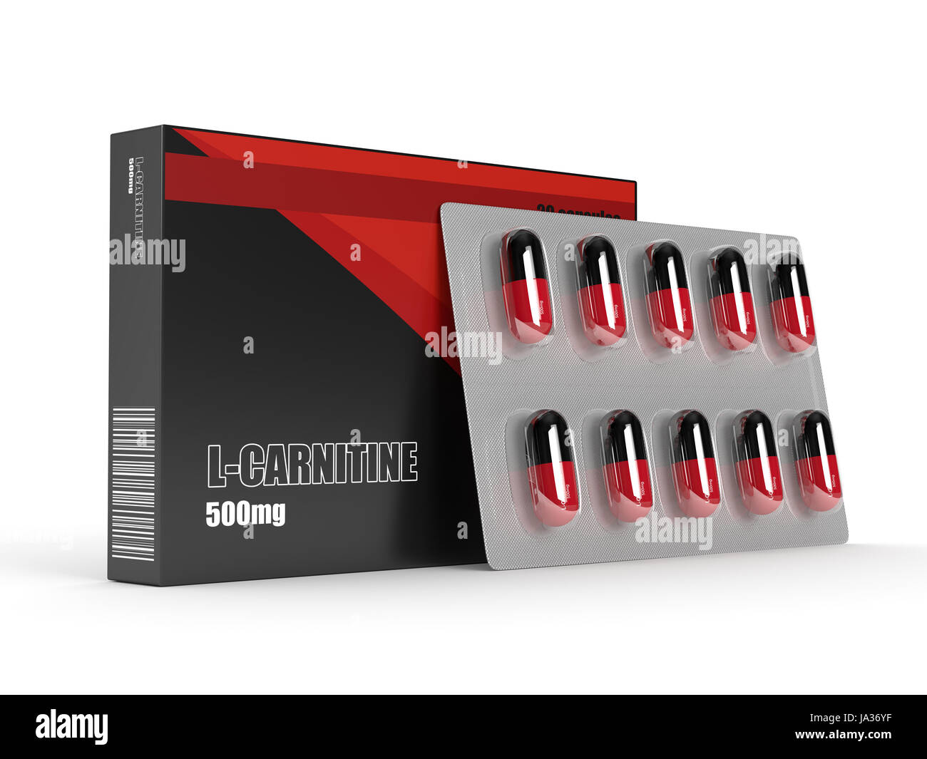 3D render of l-carnitine with pills isolated over white background Stock  Photo
