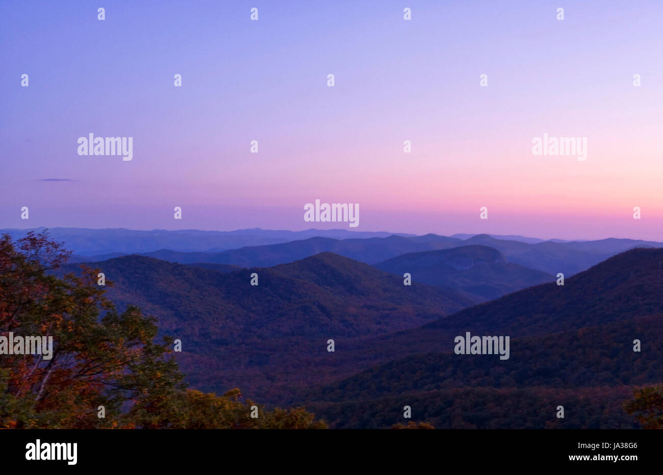Brevard North Carolina mountains near Asheville Fall Colors Blue Ridge Highway sunrise hills ridges Stock Photo