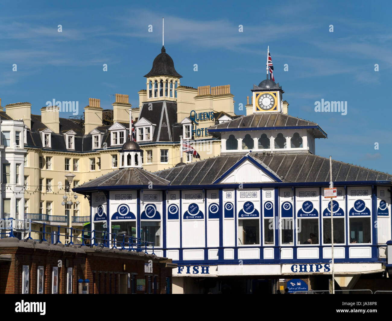 The chip shop on Eastbourne Pier with the Queens Hotel beyond, East