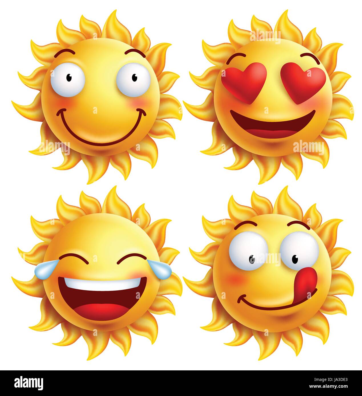 Sun face with funny facial expressions for summer. Set of glossy  vector illustration isolated in white background Stock Vector