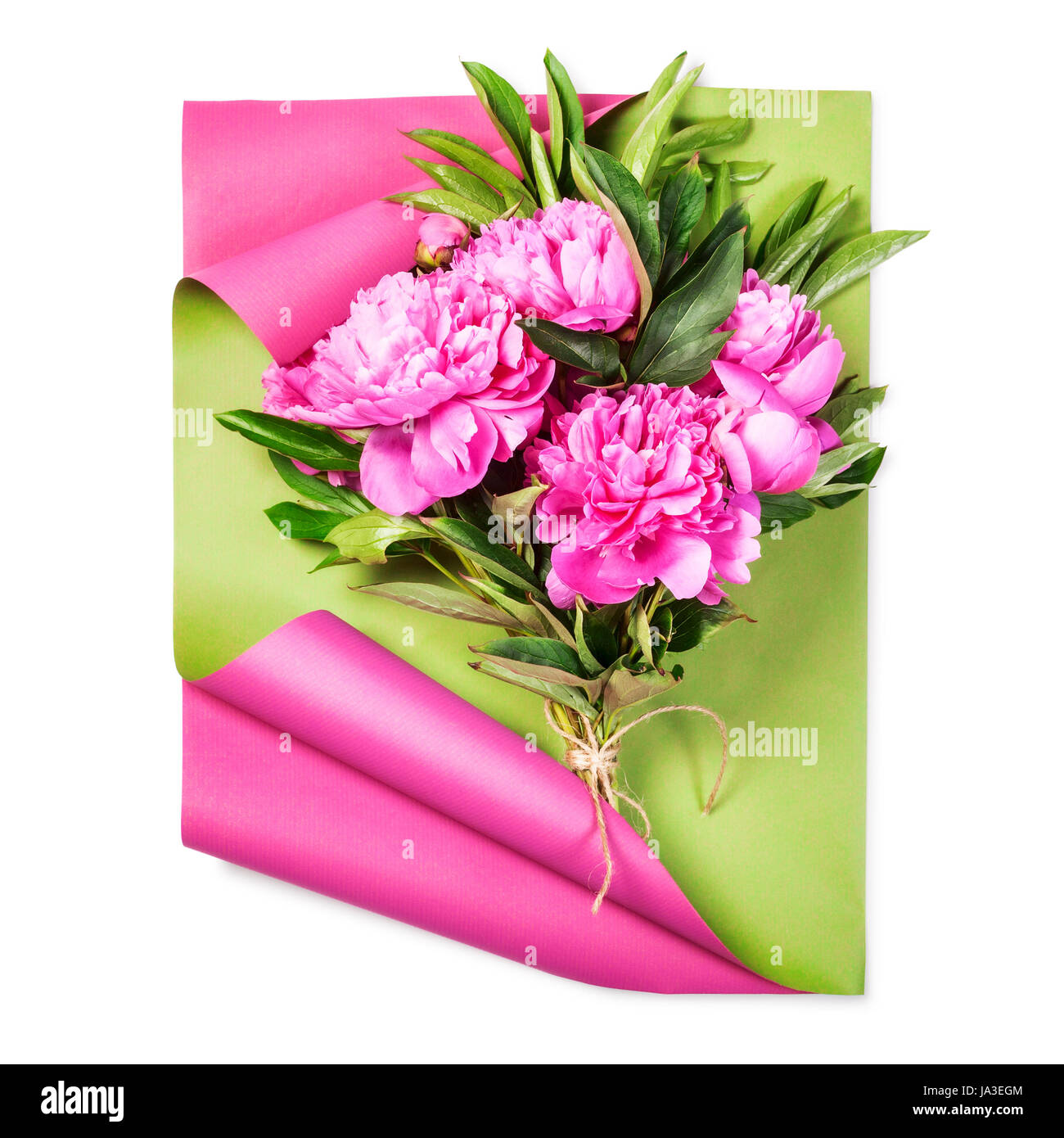 Pink peony flowers bouquet with wrapping craft paper. Objects group isolated on white background clipping path included. Flower arrangement Stock Photo