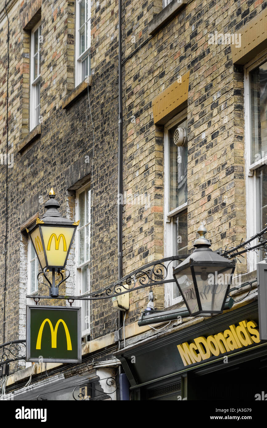 Ssign ouside McDonald's fast food restaurant, Rose Crescent, Cambridge