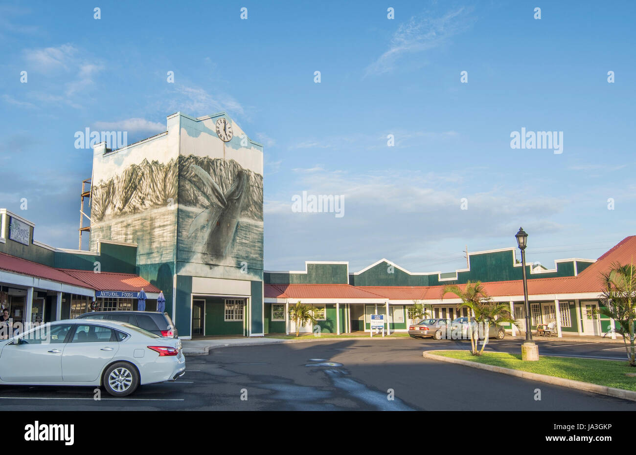 Kapaa Kauai Hawaii shopping center with whale mural in Kauai Village