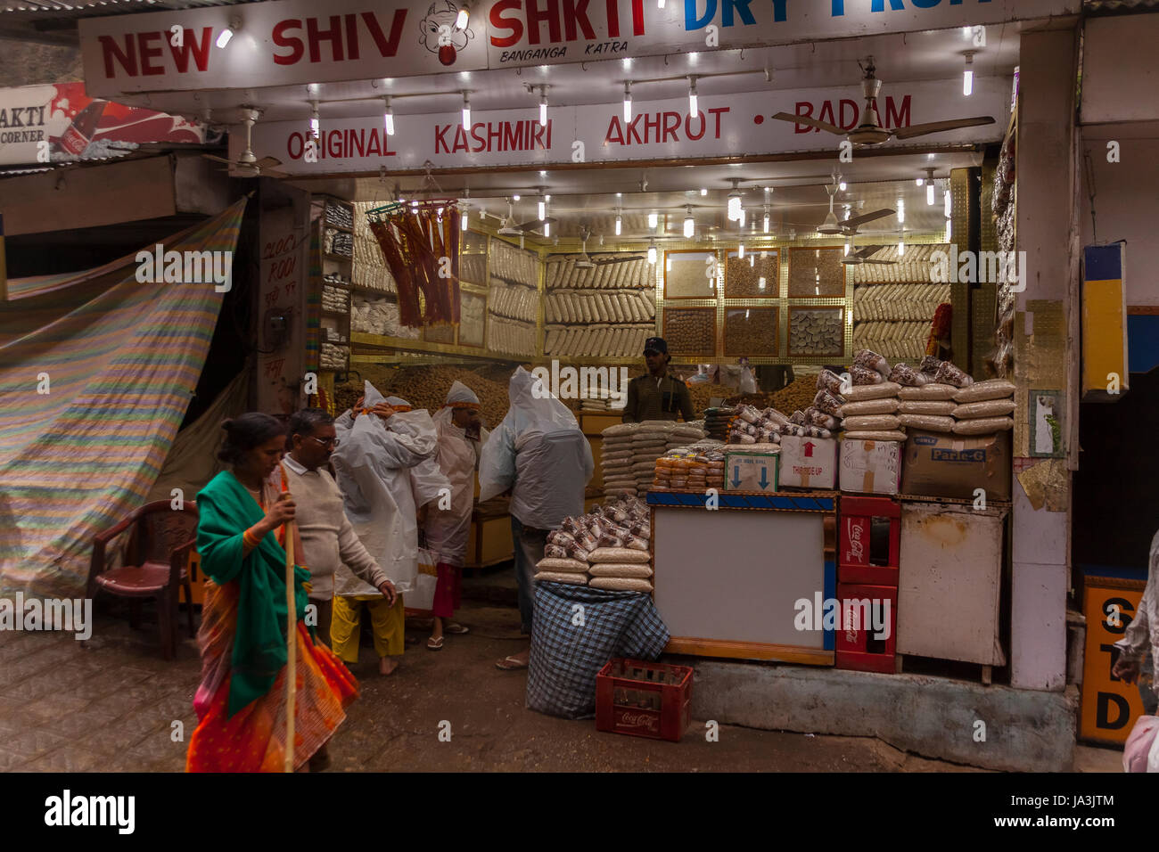 Rice and Nut stall at the foot of Shri Mata Vaishno Devi Shrine in Kashmir Stock Photo