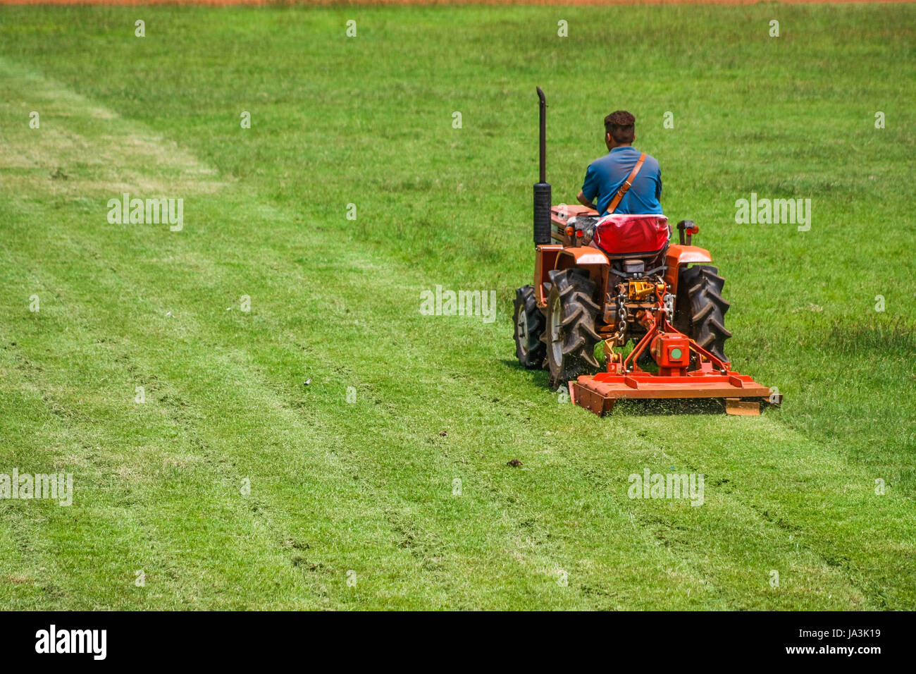 a man on mower cutting grass in football field Stock Photo Alamy