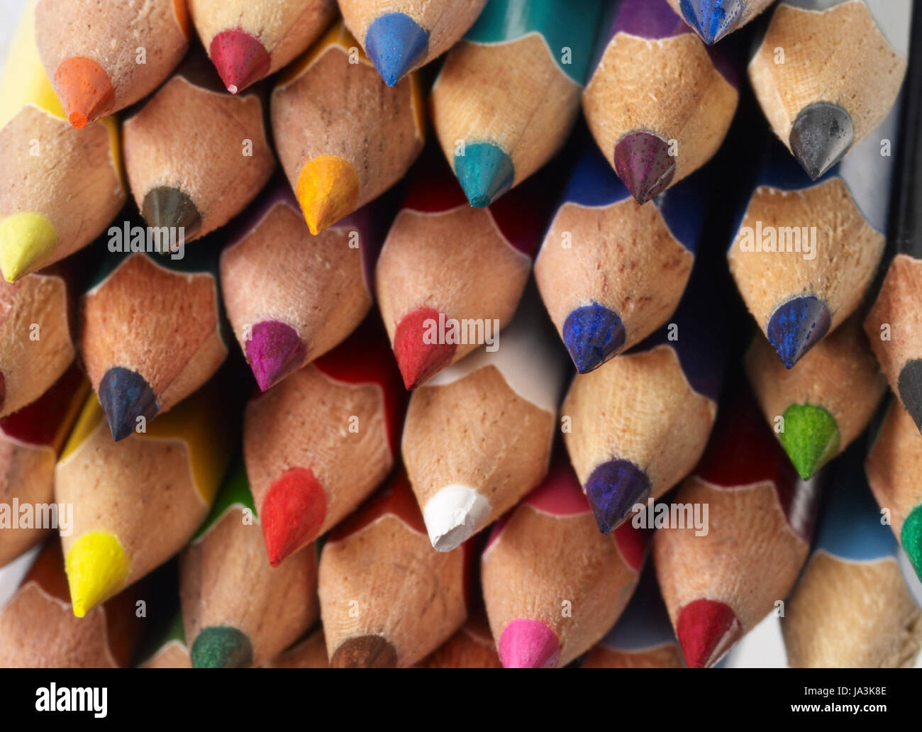 detail shot showing lots of multicolored pencil tips Stock Photo