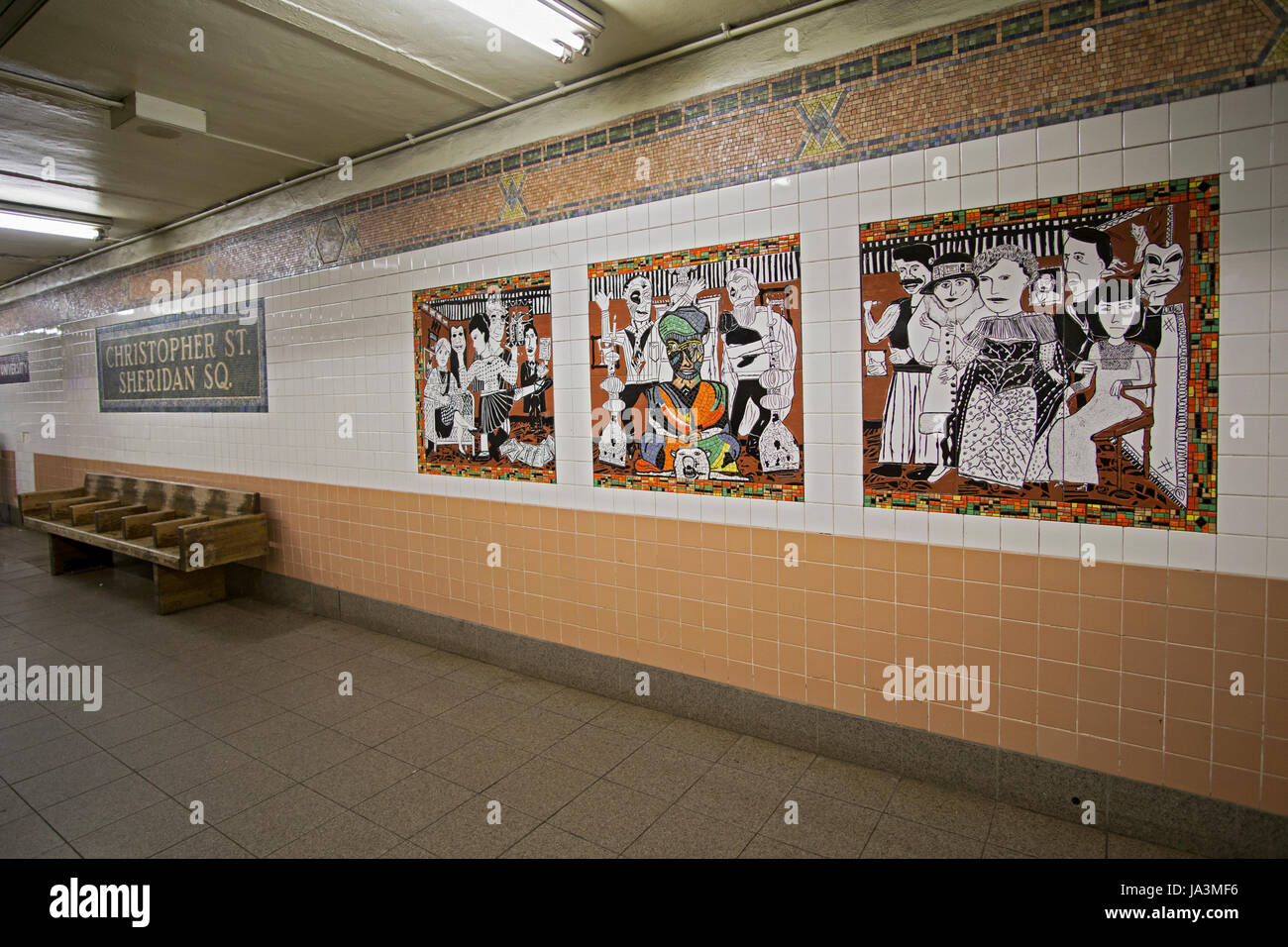 Subway art on the platform of the Christopher St. Sheridan Square subway station on the 1 line