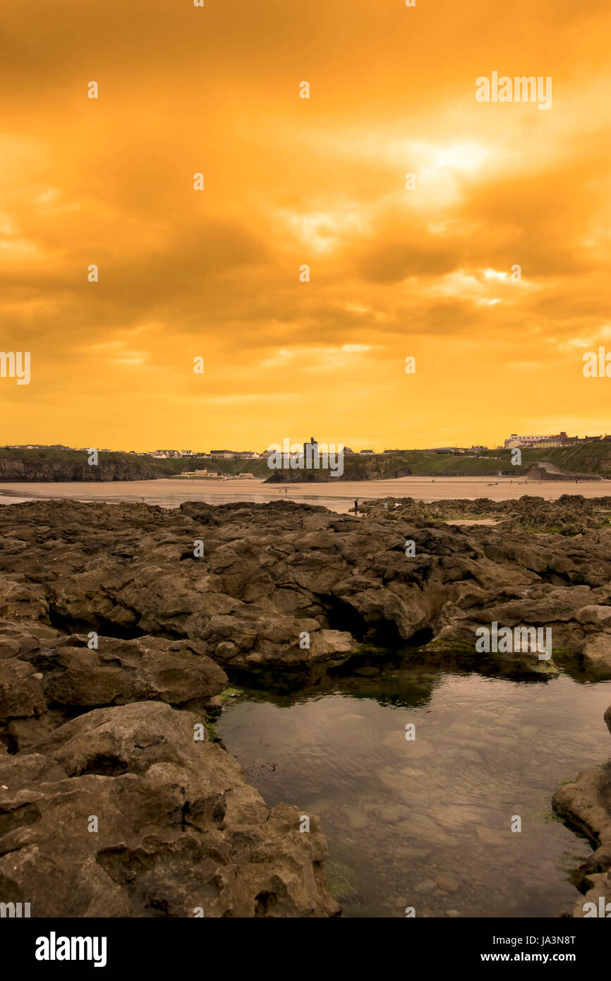 sunset, beach, seaside, the beach, seashore, ireland, castle, rocks, atlantic, Stock Photo