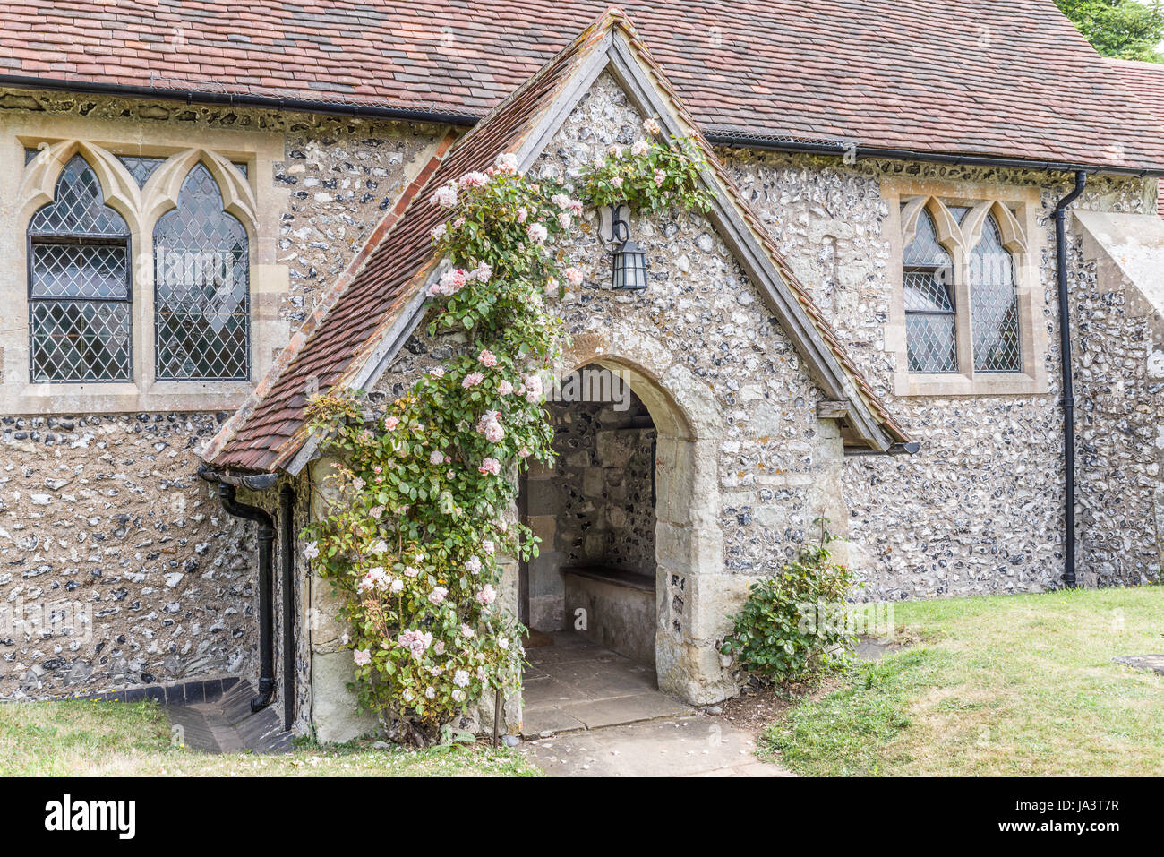 church, goal, passage, gate, archgway, gantry, entrance, roses, ruins, england, Stock Photo