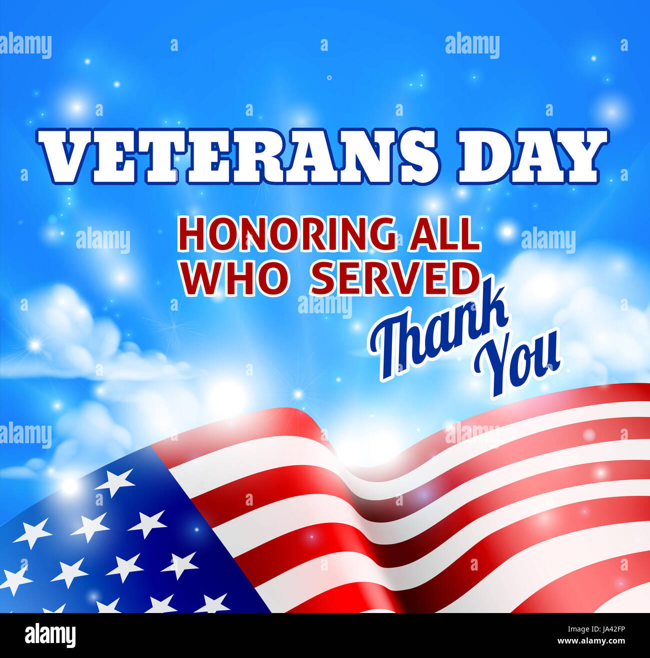 A Veterans Day background with a sky and American Flag and Thank You message Stock Photo