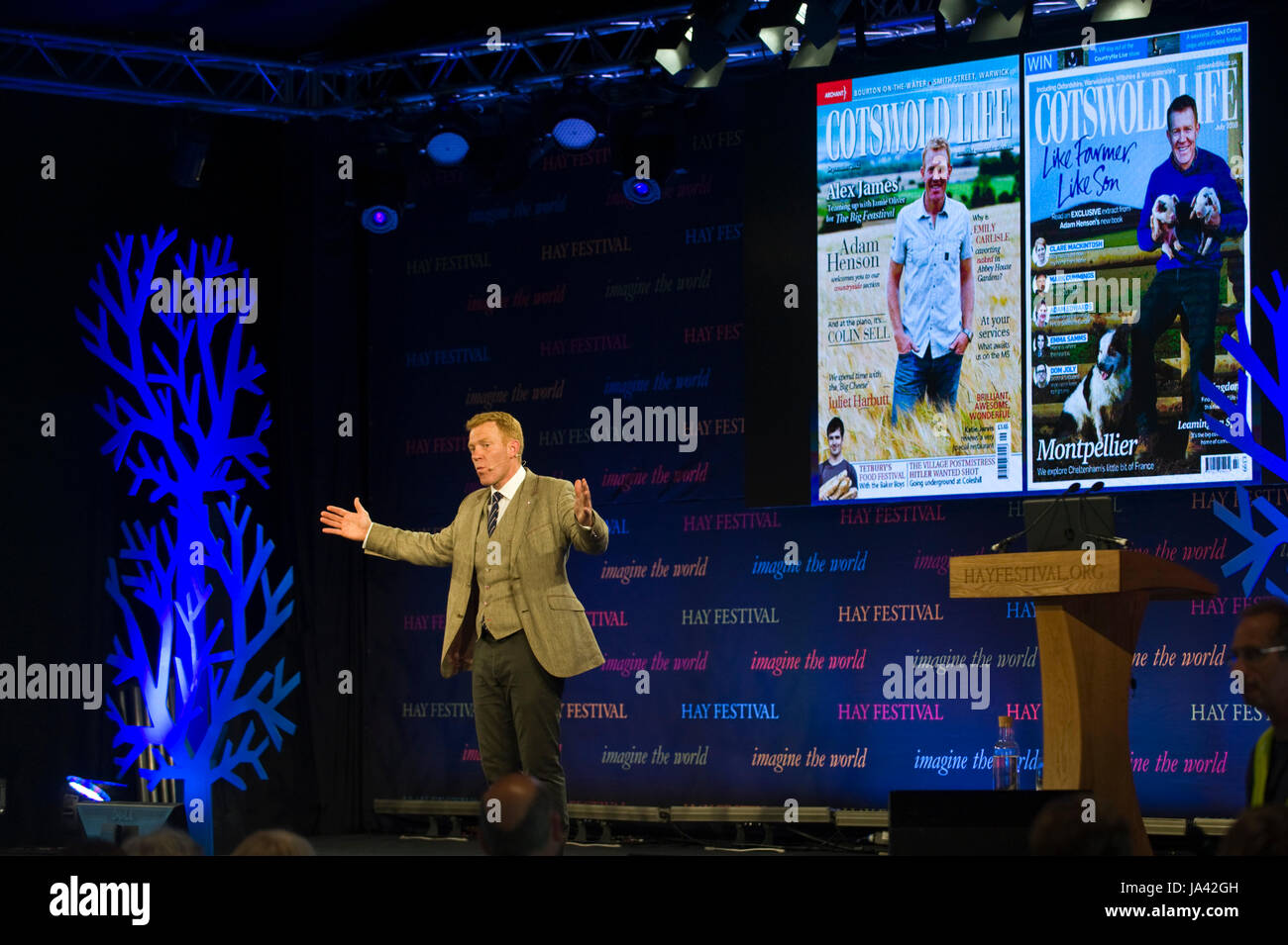 Adam Henson farmer & Countryfile presenter speaking about his life & career on stage at Hay Festival 2017 Hay-on-Wye Powys Wales UK Stock Photo