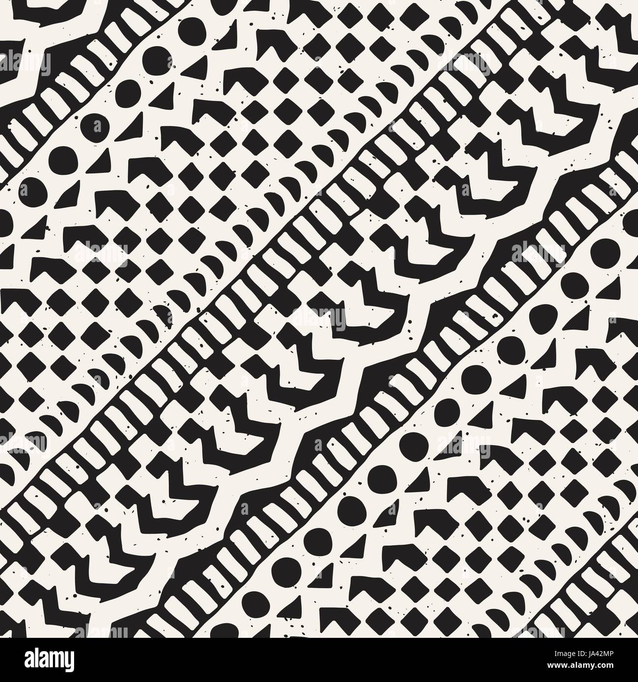 Black and white tribal vector seamless pattern with doodle elements