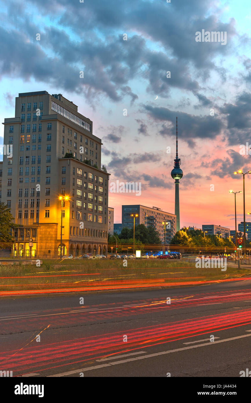 The Strausberger Platz in Berlin with the Television Tower after sunset Stock Photo