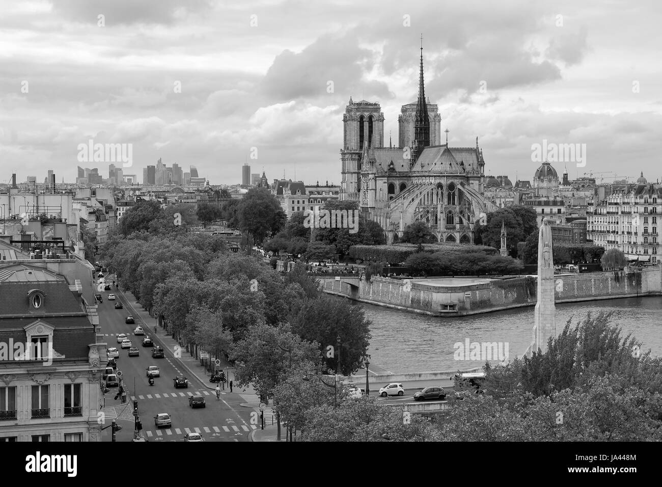 View of the Seine river with Notre Dame Cathedral in background. Stock Photo