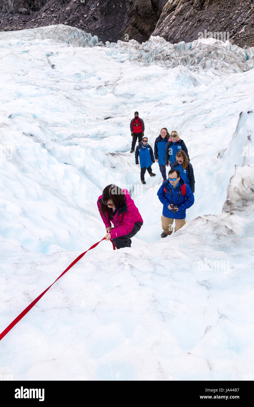 Group of people walking on a glacier (Fox Glacier, South Island, New Zealand) Stock Photo
