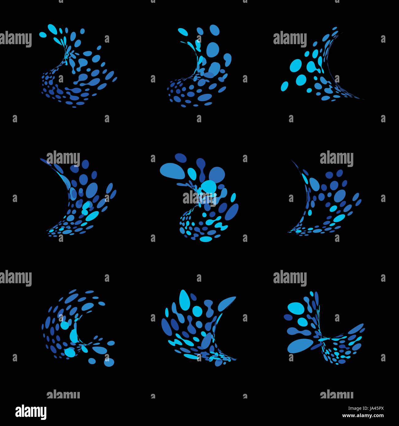 Abstract logos from dots in the form of an ocean wave. Set of blue icons from distorted dots. Liquid splash vector illustration Stock Vector