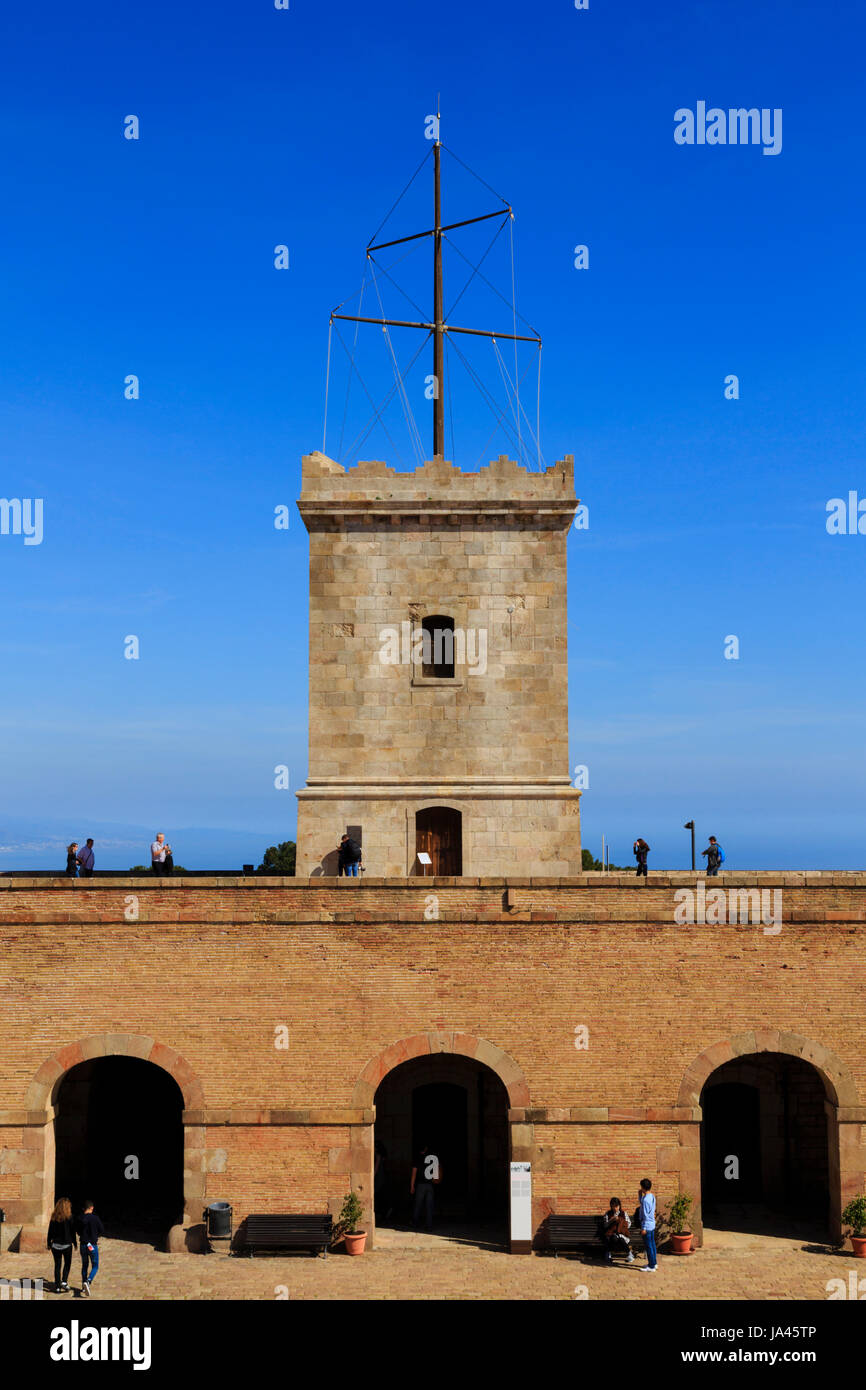 Parade ground and watchtower, Castell de Montjuic, Barcelona, Catalunya, Spain Stock Photo