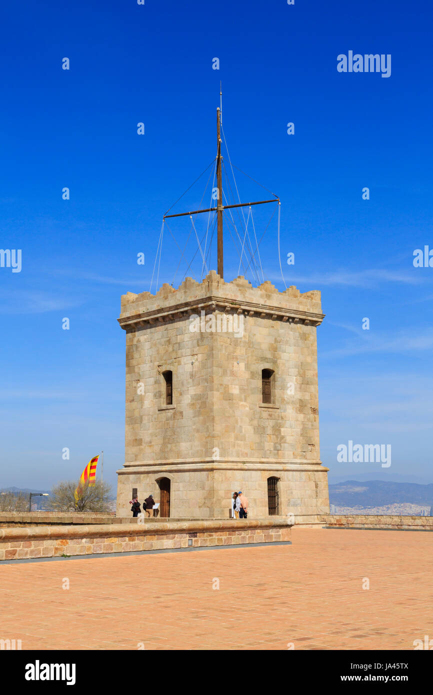 Parade ground and watchtower, Castell de Montjuic, Barcelona, Catalunya, Spain Stock Photo
