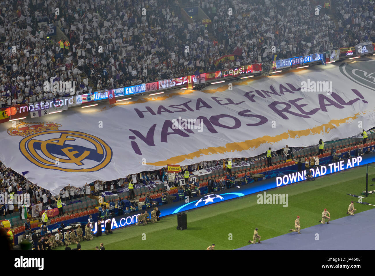 Madrid fans at the opening ceremony of the UEFA League Final between Madrid and Juventus in Cardiff,Wales,UK Stock - Alamy