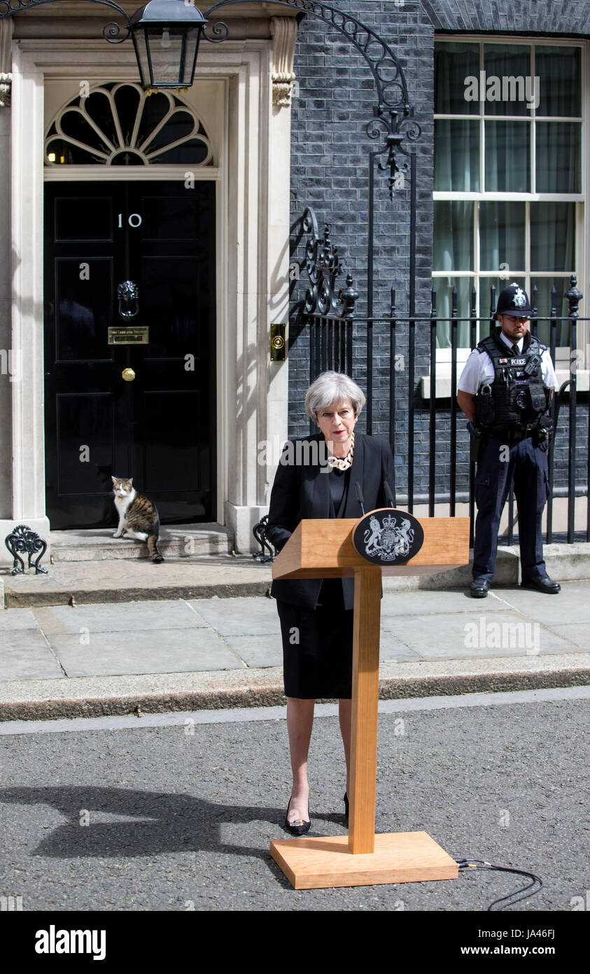 Prime Minister, Theresa May, makes a statement about security following the London June 3rd terror attack at London Bridge Stock Photo