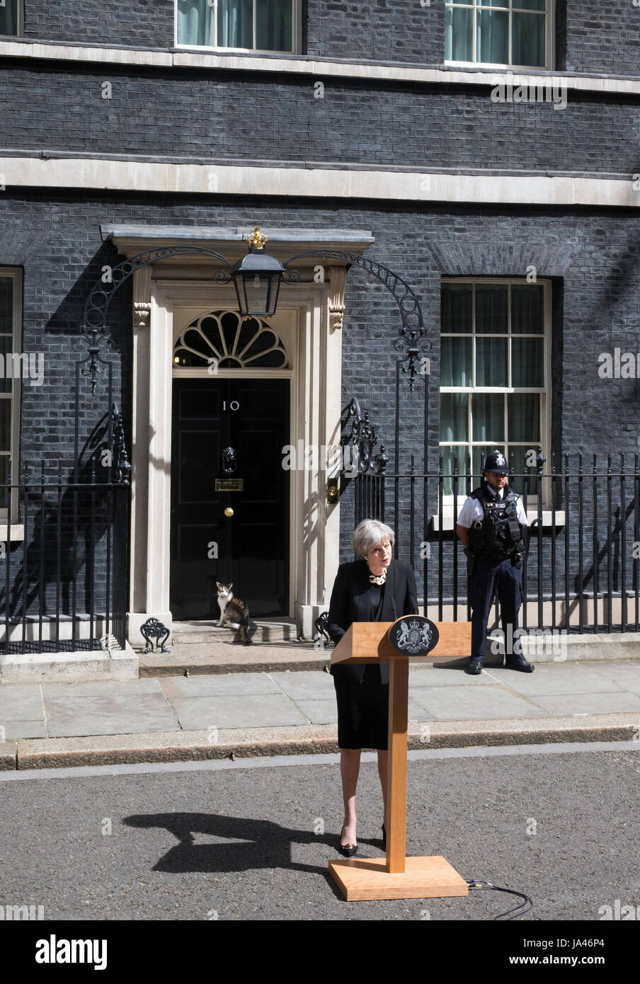 Prime Minister, Theresa May, makes a statement about security following the London June 3rd terror attack at London Bridge Stock Photo