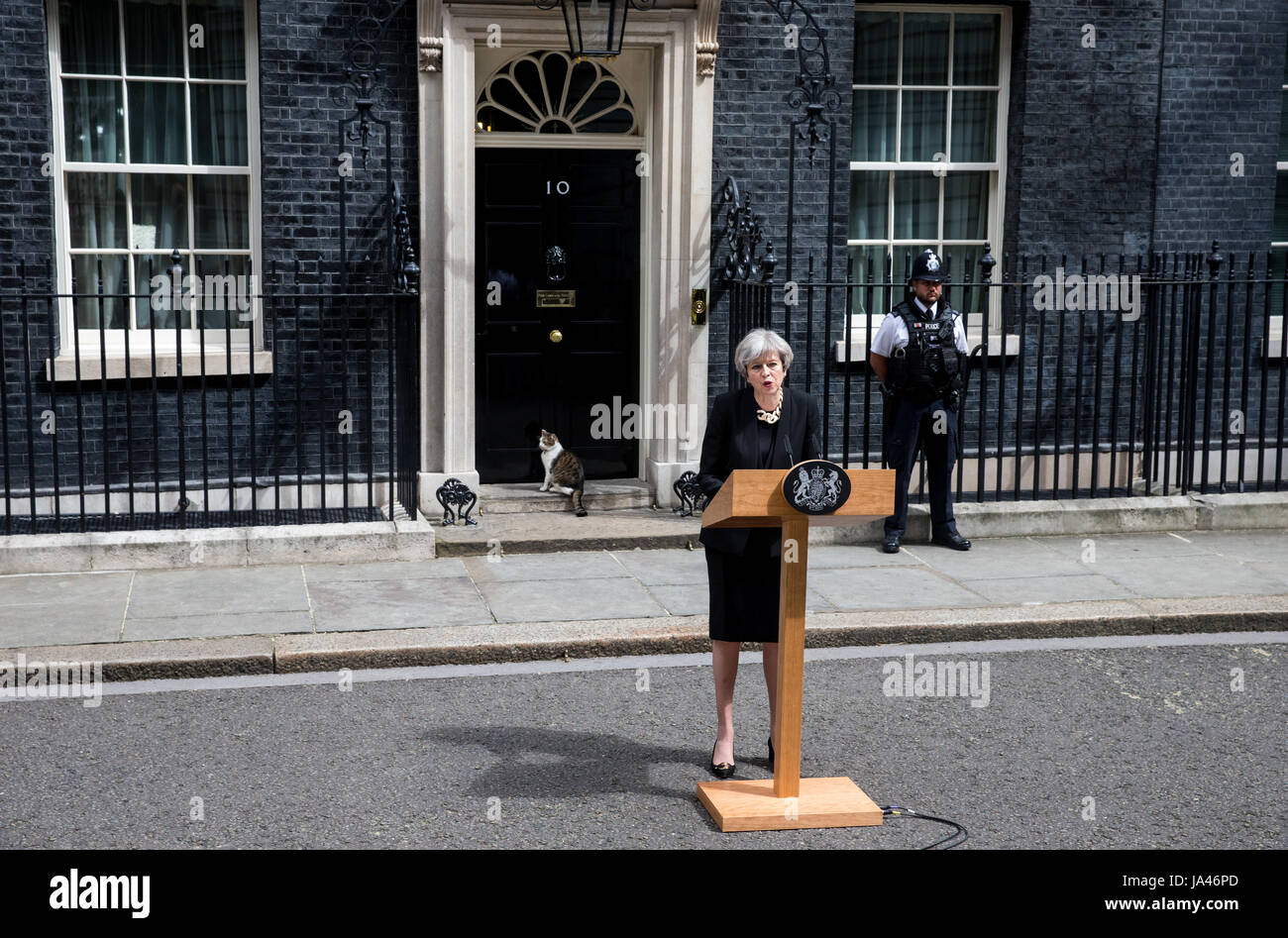 Prime Minister, Theresa May, makes a statement about security following the London June 3rd terror attack at London Bridge Stock Photo
