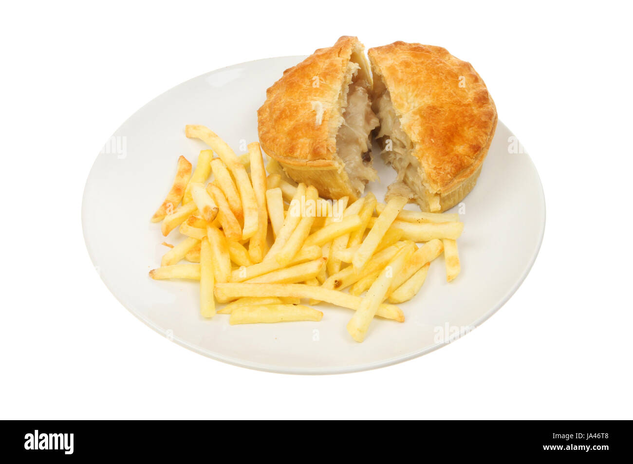 Chicken pie and French fries on a plate isolated against white Stock Photo