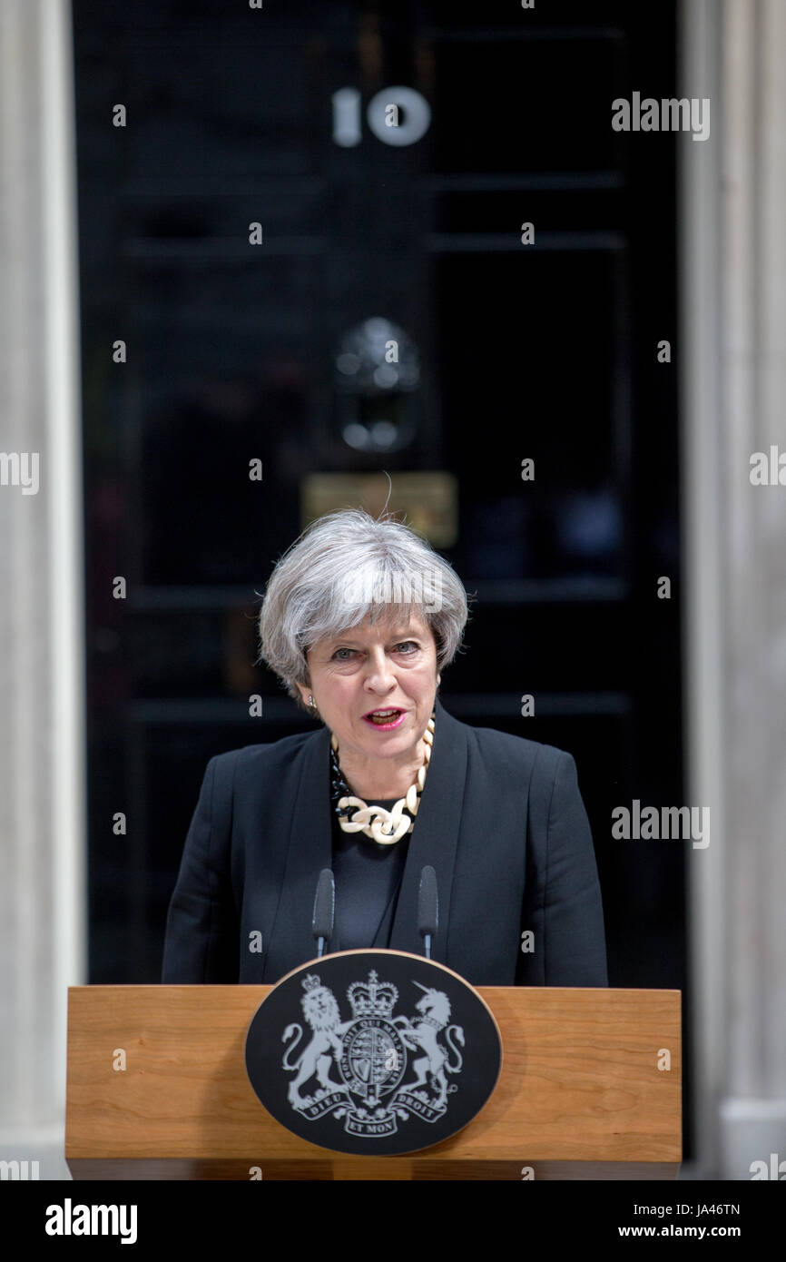 Prime Minister, Theresa May, makes a statement about security following the London June 3rd terror attack at London Bridge Stock Photo