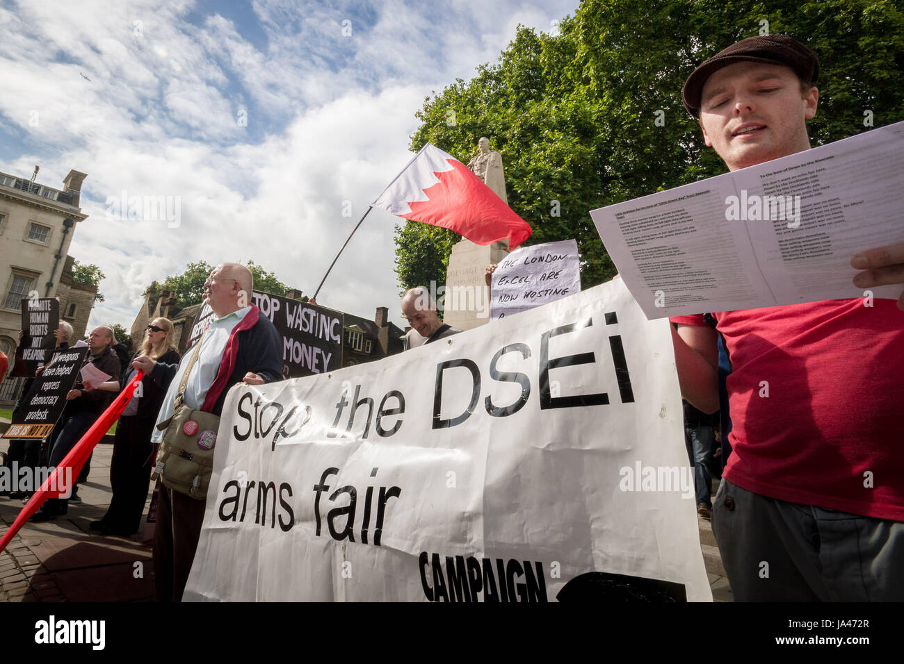 Stop the Arms Fair. Anti-war protesters outside Parliament Buildings in London, UK. Stock Photo