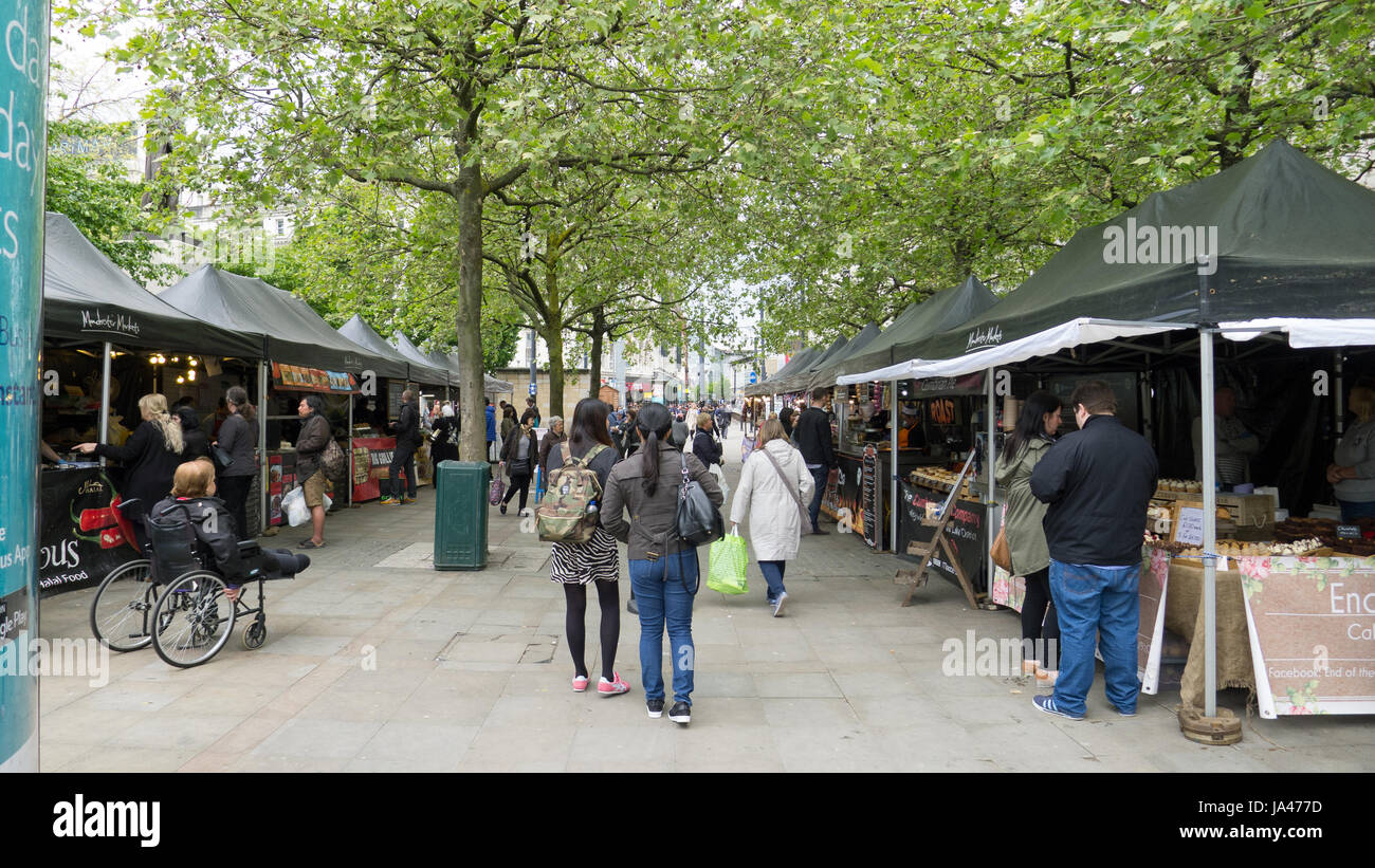 Food market stalls at Piccadilly Gardens, Manchester Stock Photo Alamy