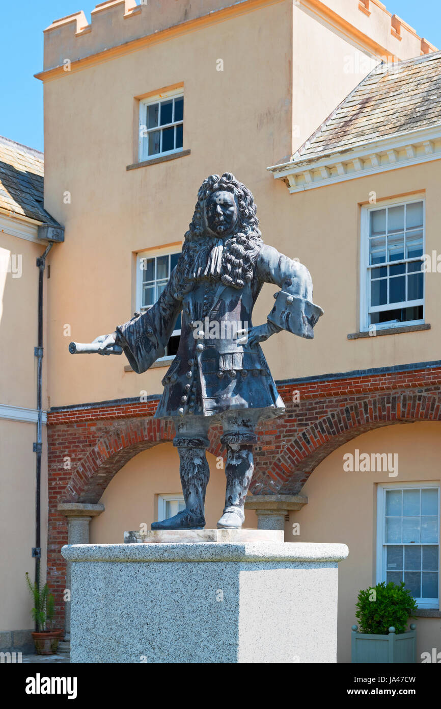 statue of sir james tillie outside the entrance to pentillie castle, st.mellion, cornwall, england, Stock Photo