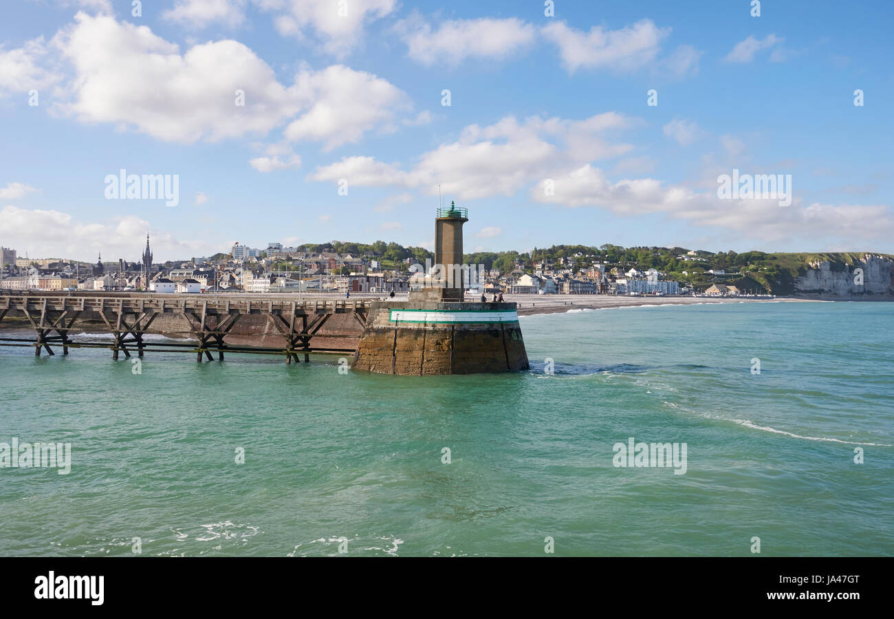 Fecamp, Normandy, France. View of harbour entrance and the gulf surrounding the city Stock Photo