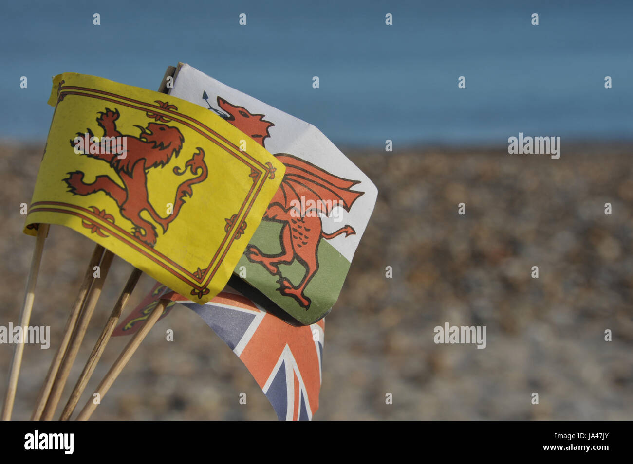 Sandcastle flags on an English beach Stock Photo