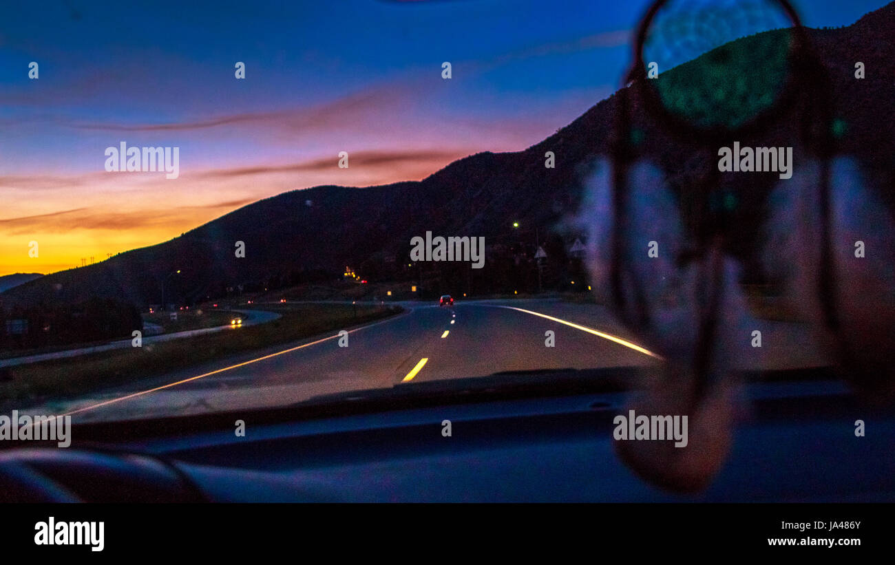 Night driving I70 highway through Colorado Stock Photo Alamy