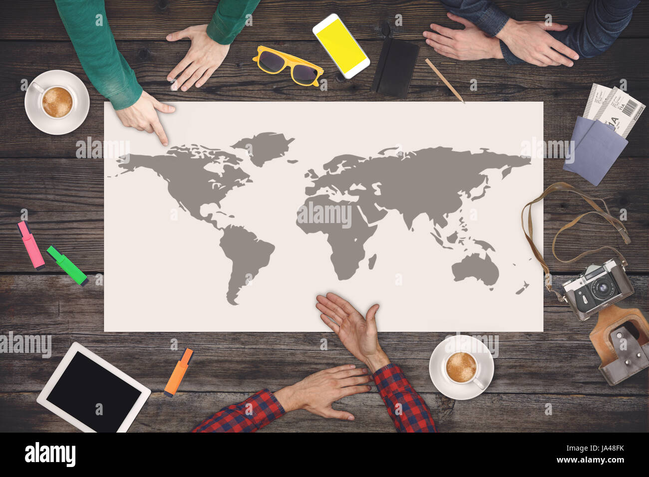 Group of people planning trip. Travel concept. Top view. Stock Photo