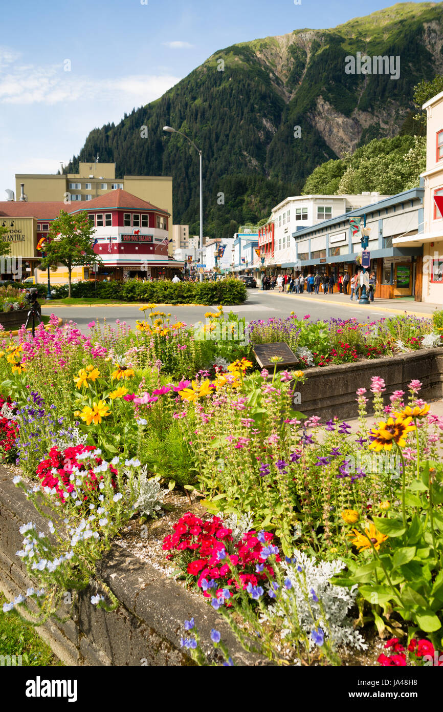 JUNEAU, ALASKA/UNITED STATES – AUGUST 5: Tourists walk the street in downtwon towards the end of the summer season on 08/05/2015 in Juneau, AK. Stock Photo