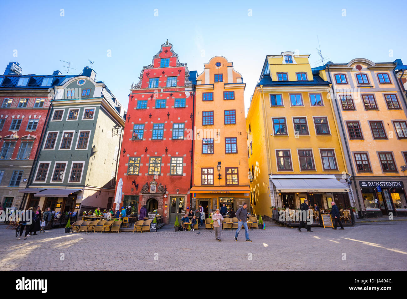 Stockholm, Sweden - May 4, 2017: Gamla Stan, the Old Town, is one of the largest and best preserved medieval city centers in Europe, and one of the fo Stock Photo