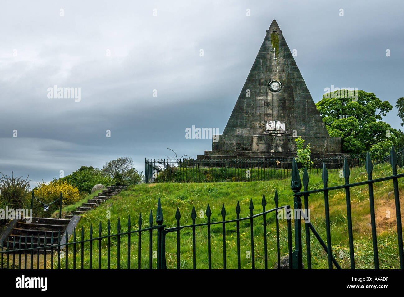 Sandstone asphalt Star pyramid, Drummond pleasure garden ground, Stirling, Scotland, by William Barclay, dedicated to martyrs of civil liberty Stock Photo