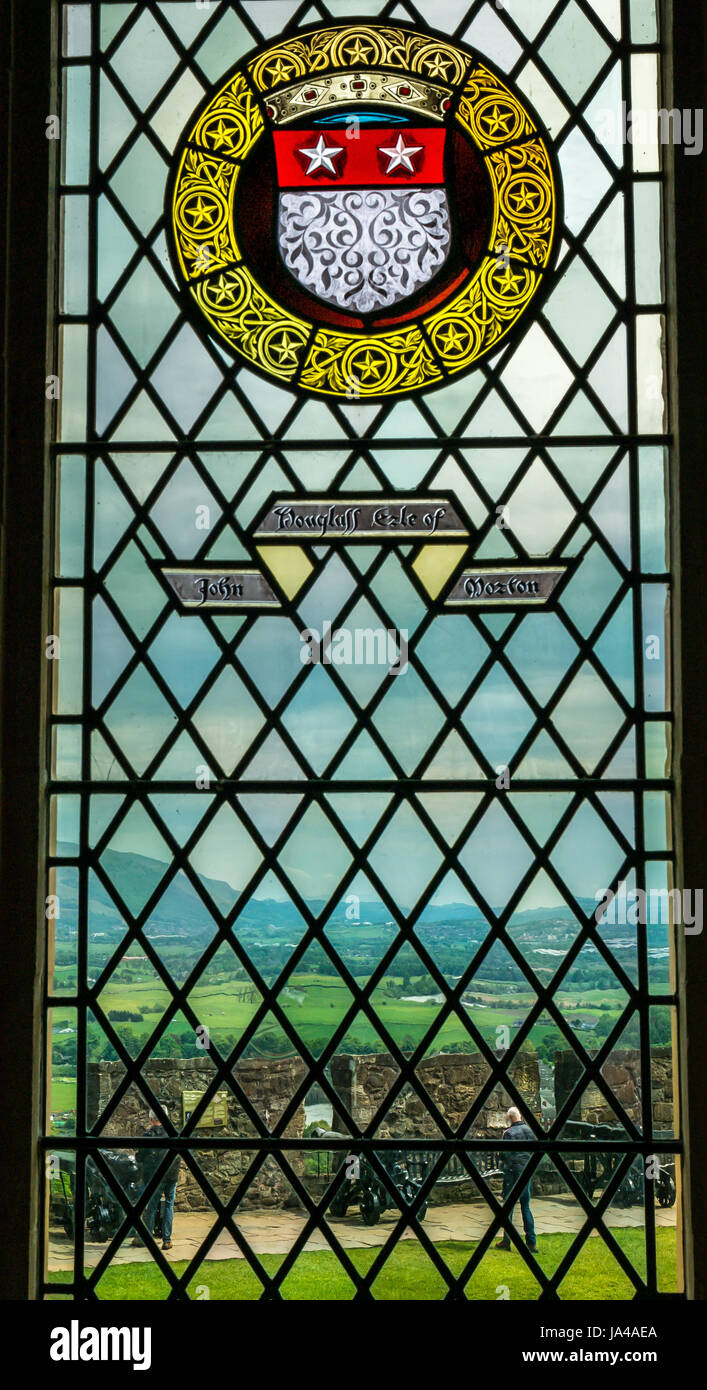 John Douglas Earl of Morton stained glass window with coat of arms, Great Hall, Stirling Castle, Stirling, Scotland, Uk, with outside gun emplacement Stock Photo