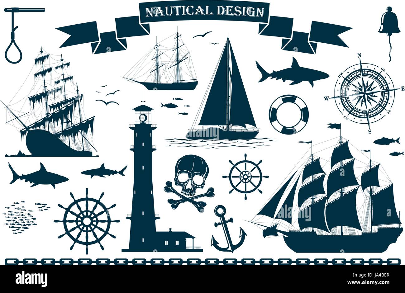 Set of sailing ships with nautical design elements Stock Vector