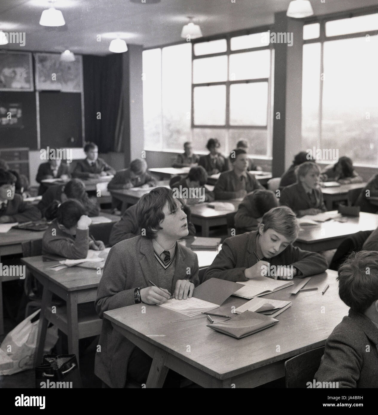 1960s, historical, students sharing desk space in a classroom at Sedgehill School, Lewisham, South London, England, UK, opened in 1957 and one of the first comprehensive schools in Britian, Stock Photo