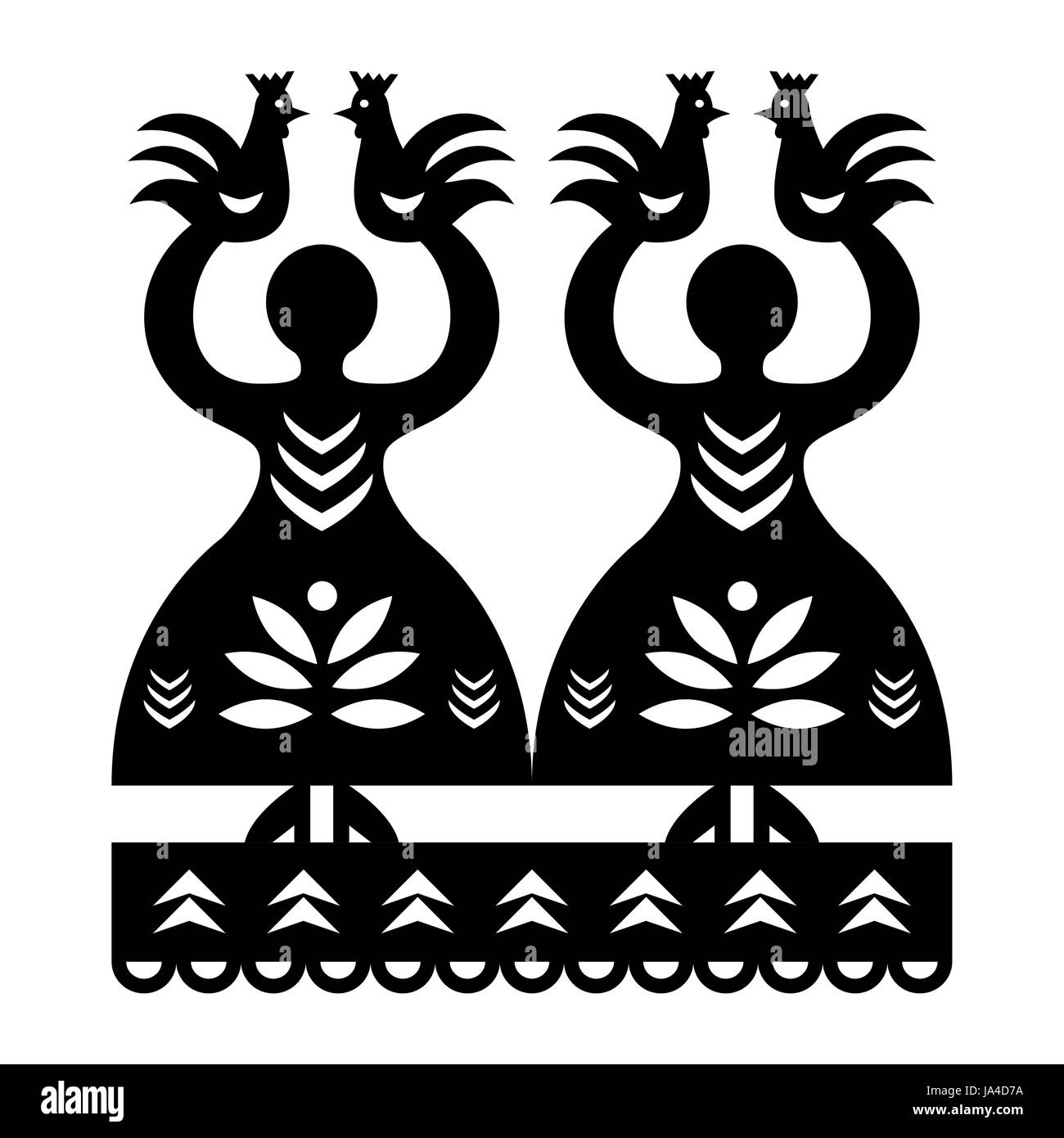 Folk art form Poland Wycinanki Kurpiowskie - Kurpie Papercuts pattern with women and birds Stock Vector