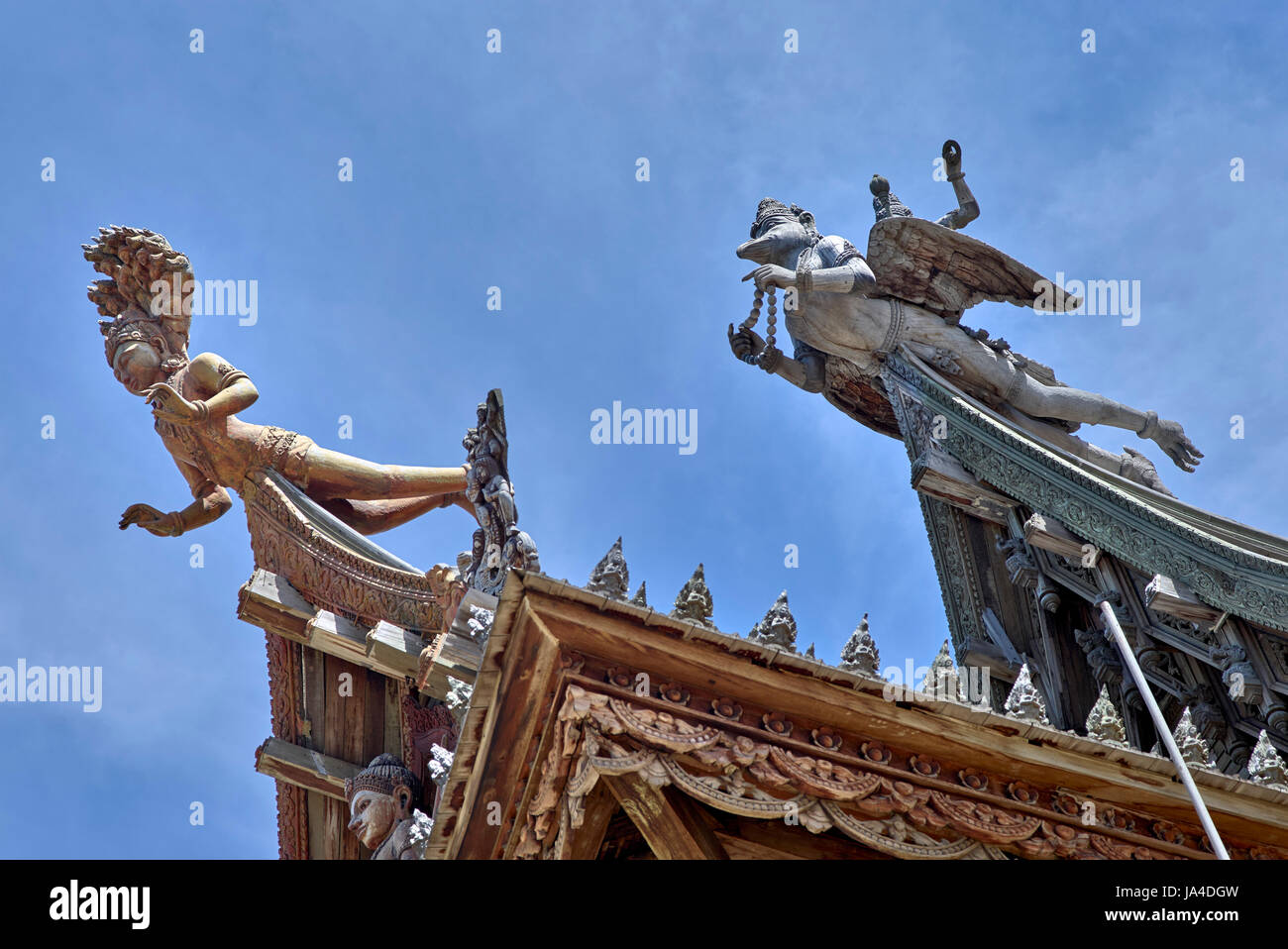 Sanctuary of Truth Pattaya. Intricate and ornate wooden carvings at the Hindu Buddhist temple Pattaya Thailand Southeast Asia Stock Photo