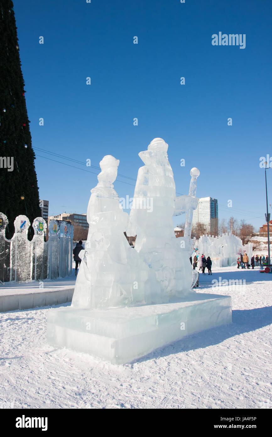 PERM, RUSSIA, Feb, 06.2016: Ice sculptures of Santa Claus and Snow Maiden, City esplanade, Lenin Street Stock Photo