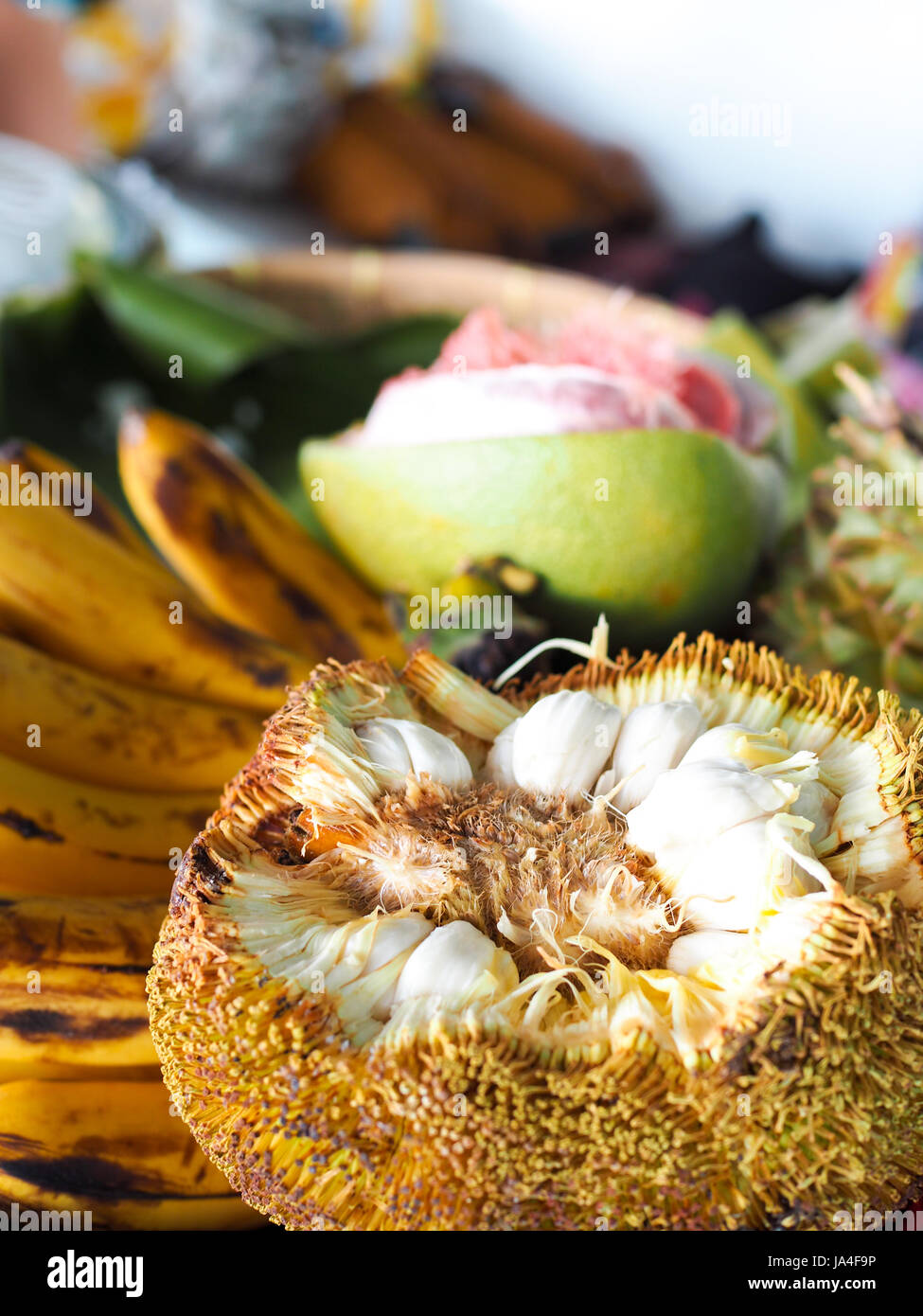 Marang,  a tropical fruit found in Davao, Philippines, that looks like a jackfruit and tastes like a cross between soursop and mangosteen. Stock Photo