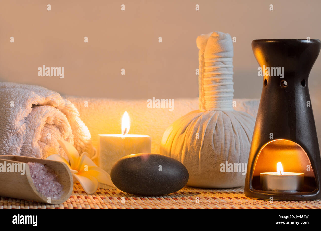 spa massage setting with candlelight. Stock Photo