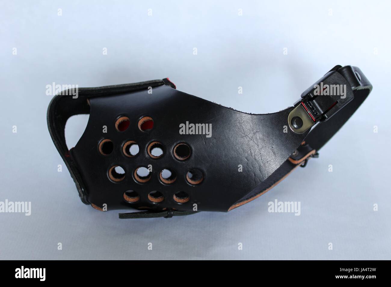 A muzzle in armored hitting leather for security dog Stock Photo