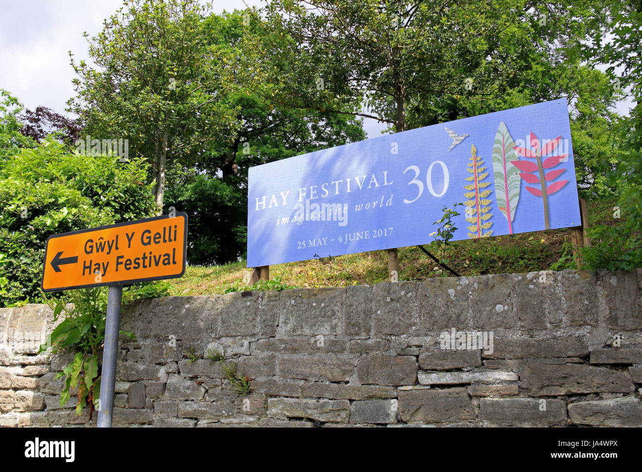 Signage in town for the 30th Hay Festival 2017, Hay-on-Wye, Brecknockshire, Powys, Wales, Great Britain, United Kingdom, UK, Europe Stock Photo