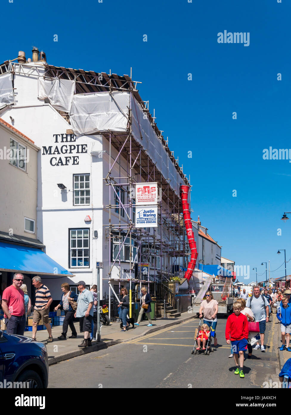 The famous Magpie Café in Pier Road Whitby closed for business and under extensive repairs after a fire damaged the building in May 2017 Stock Photo