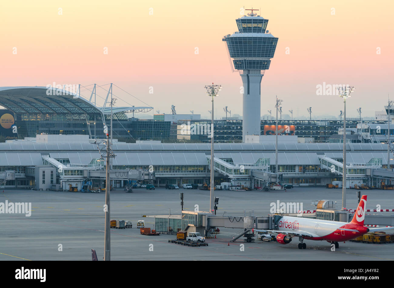 Munich, Germany - May 6, 2016: Sunrise over Munich international airport Franz Josef Strauss Stock Photo